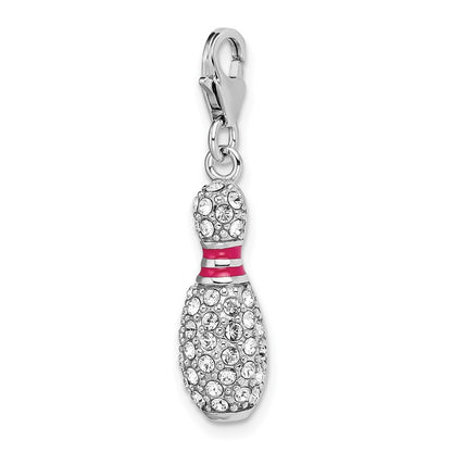 Sterling Silver Amore La Vita Rhodium-Plated Polished 3-D Reversible Enameled Bowling Pin Charm With Fancy Lobster Clasp