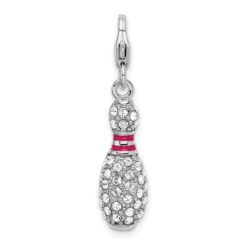 Sterling Silver Amore La Vita Rhodium-Plated Polished 3-D Reversible Enameled Bowling Pin Charm With Fancy Lobster Clasp