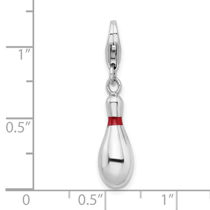 Sterling Silver Amore La Vita Rhodium-Plated Polished 3-D Enameled Bowling Pin Charm With Fancy Lobster Clasp