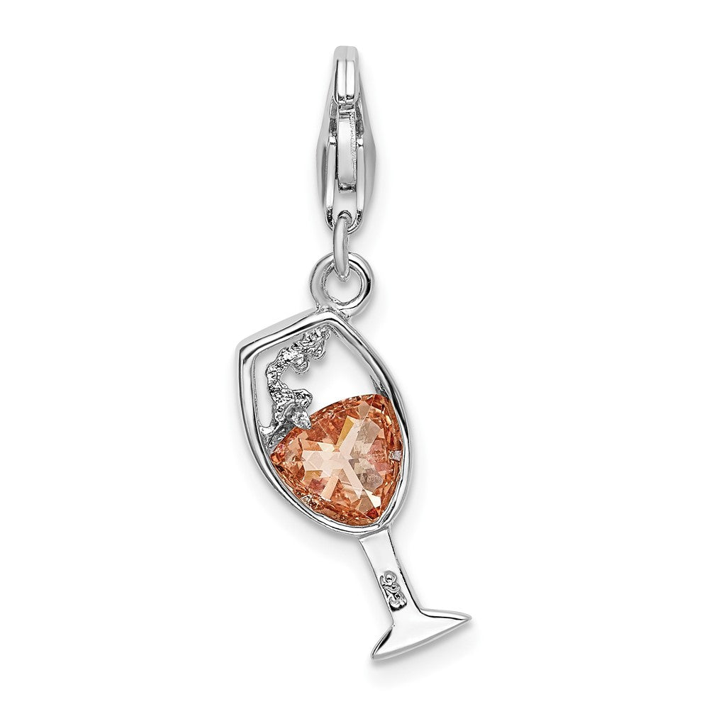 Sterling Silver Amore La Vita Rhodium-Plated Polished Cz Enameled Open Champagne Glass Charm With Fancy Lobster Clasp