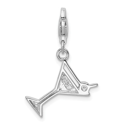 Sterling Silver Amore La Vita Rhodium-Plated Polished Enameled Red Crystal Martini Glass Charm With Fancy Lobster Clasp
