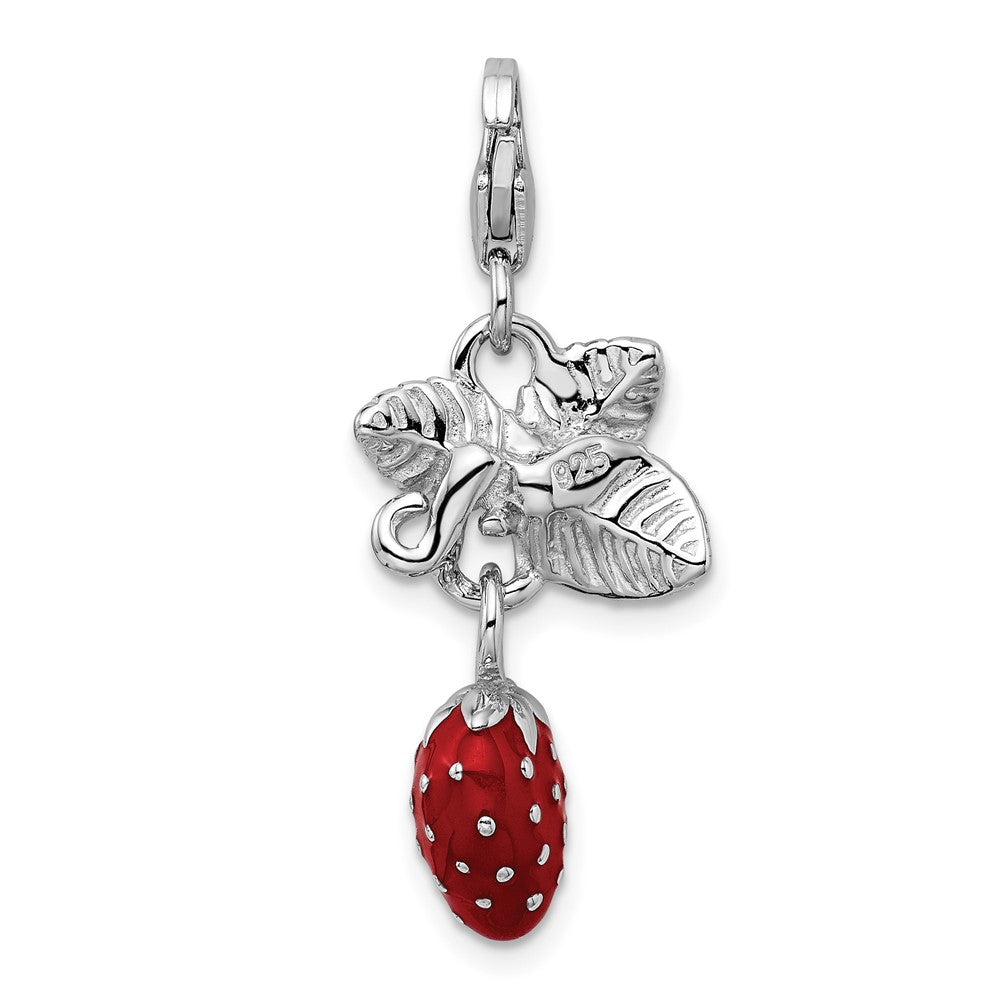 Sterling Silver Amore La Vita Rhodium-Plated Polished 3-D Enameled Strawberry Charm With Fancy Lobster Clasp