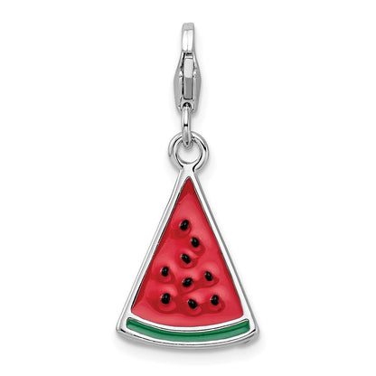 Sterling Silver Amore La Vita Rhodium-Plated Polished 3-D Enameled Watermelon Wedge Charm With Fancy Lobster Clasp