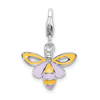 Sterling Silver Amore La Vita Rhodium-Plated Polished Enameled Bee Charm With Fancy Lobster Clasp