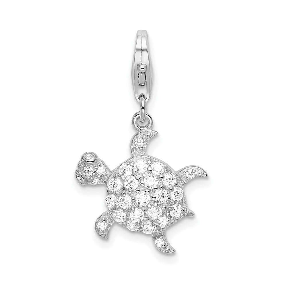 Sterling Silver Amore La Vita Rhodium-Plated Polished Cz Sea Turtle Charm With Fancy Lobster Clasp