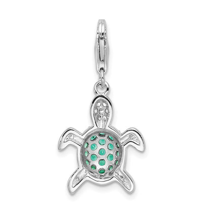 Sterling Silver Amore La Vita Rhodium-Plated Polished Green And Clear Cz Turtle Charm With Fancy Lobster Clasp