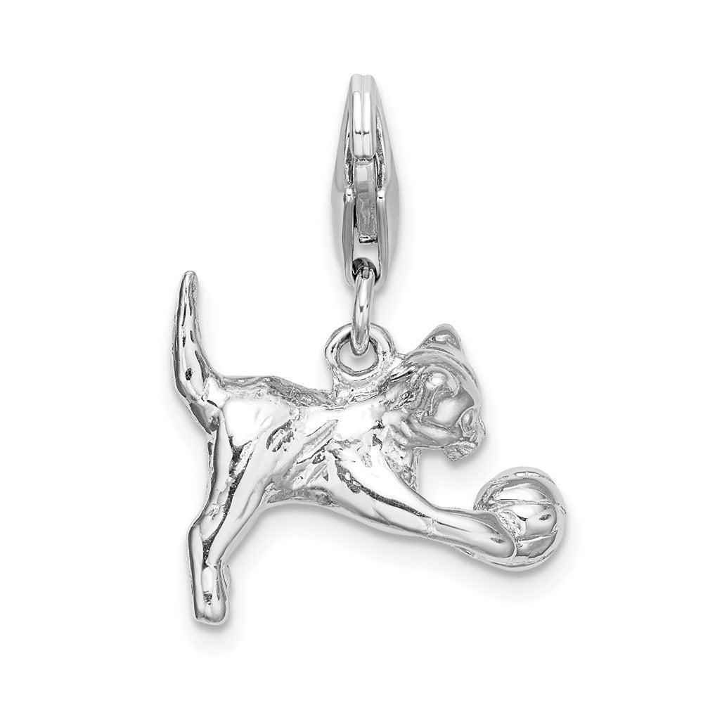 Sterling Silver Amore La Vita Rhodium-Plated Polished 3-D Kitten And Ball Charm With Fancy Lobster Clasp