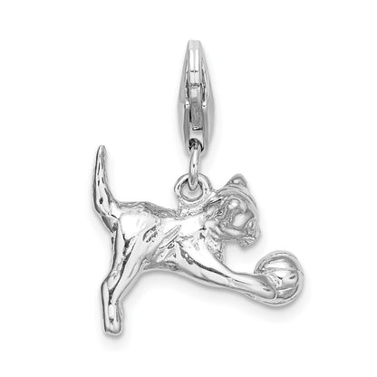 Sterling Silver Amore La Vita Rhodium-Plated Polished 3-D Kitten And Ball Charm With Fancy Lobster Clasp