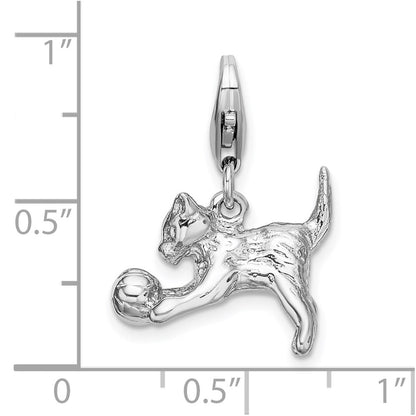 Sterling Silver Amore La Vita Rhodium-Plated Polished 3-D Kitten And Ball Charm With Fancy Lobster Clasp