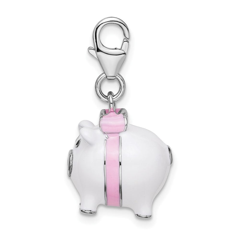 Sterling Silver Amore La Vita Rhodium-Plated Polished 3-D Enameled Pig Charm With Fancy Lobster Clasp