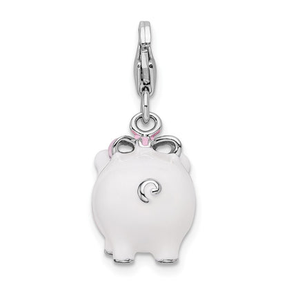 Sterling Silver Amore La Vita Rhodium-Plated Polished 3-D Enameled Pig Charm With Fancy Lobster Clasp