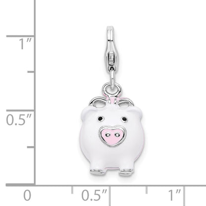Sterling Silver Amore La Vita Rhodium-Plated Polished 3-D Enameled Pig Charm With Fancy Lobster Clasp