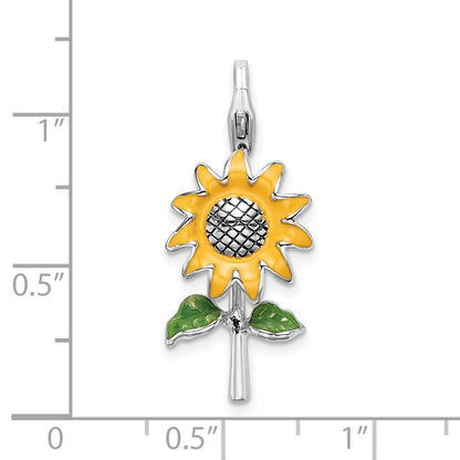 Sterling Silver Amore La Vita Rhodium-Plated Polished 3-D Enameled Sunflower Charm With Fancy Lobster Clasp