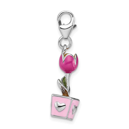 Sterling Silver Amore La Vita Rhodium-Plated Polished 3-D Pink Enameled Potted Tulip Charm With Fancy Lobster Clasp