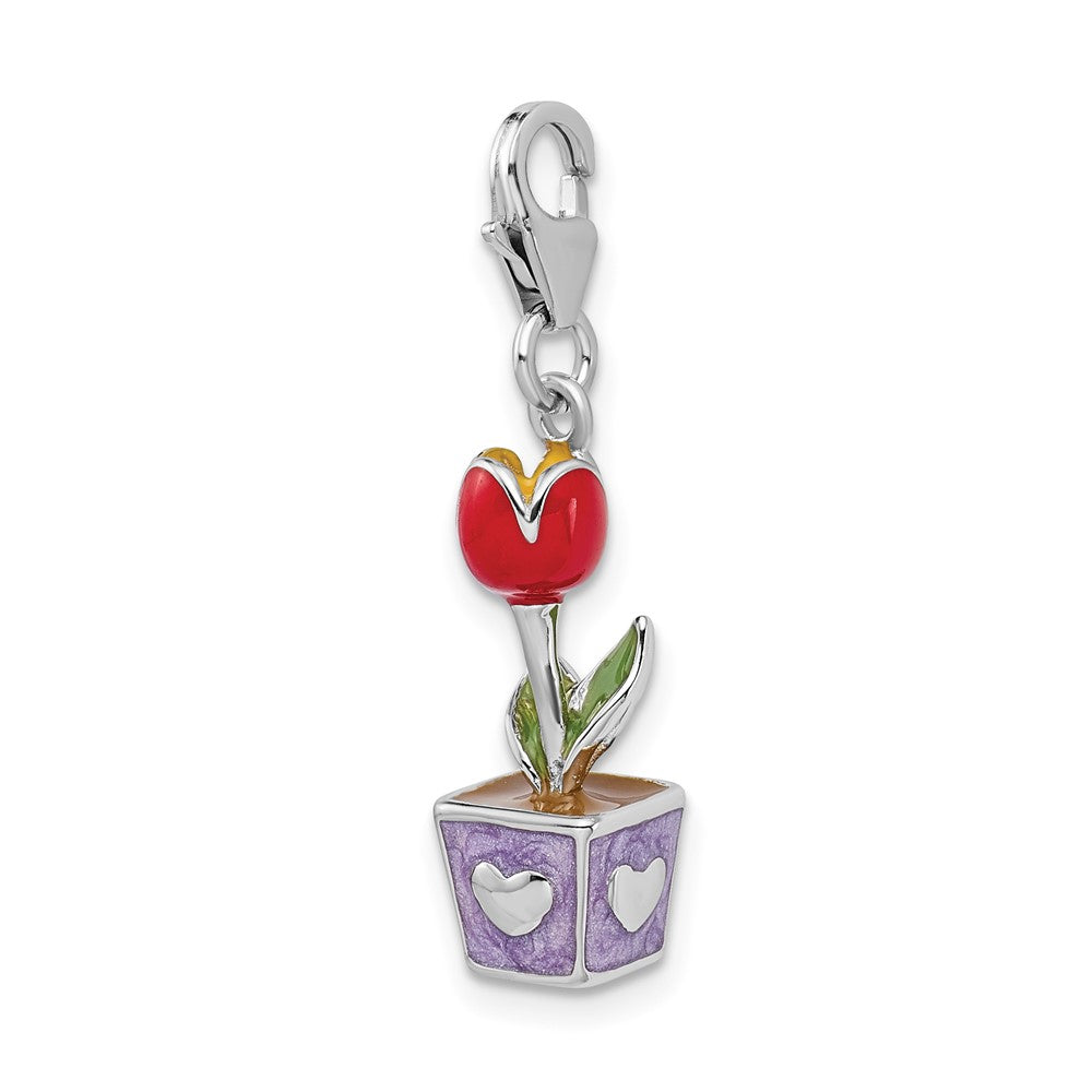 Sterling Silver Amore La Vita Rhodium-Plated Polished 3-D Red Enameled Potted Tulip Flower Charm With Fancy Lobster Clasp