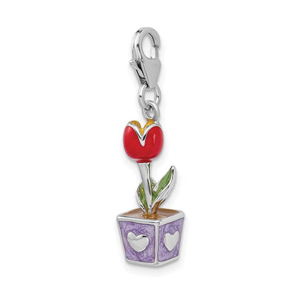 Sterling Silver Amore La Vita Rhodium-Plated Polished 3-D Red Enameled Potted Tulip Flower Charm With Fancy Lobster Clasp