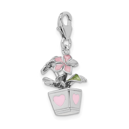 Sterling Silver Amore La Vita Rhodium-Plated Polished 3-D Enameled Potted Flowers Charm With Fancy Lobster Clasp