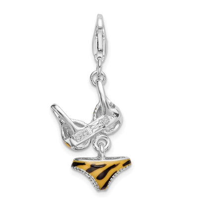 Sterling Silver Amore La Vita Rhodium-Plated Polished 3-D Cz Enameled Tiger Bikini Pendant