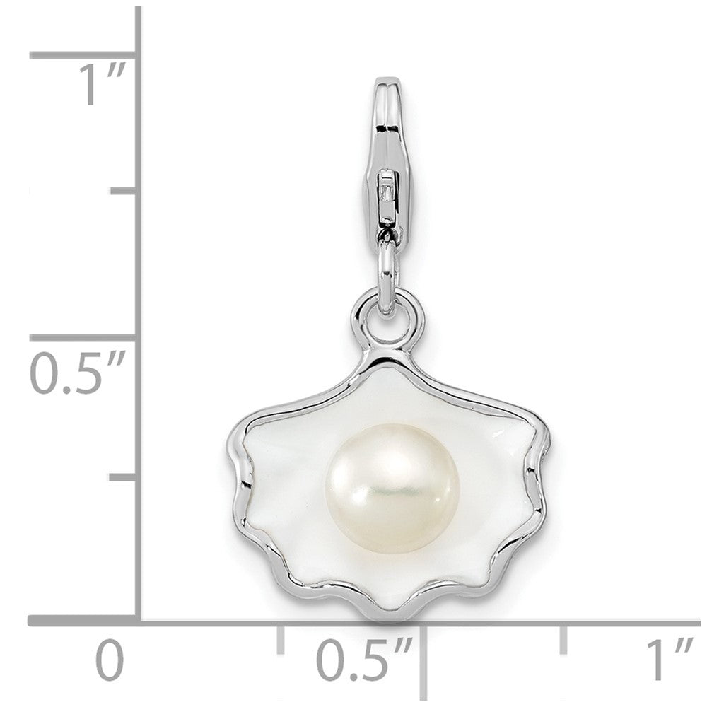 Sterling Silver Amore La Vita Rhodium-Plated Polished 3-D Enameled Shell With A Freshwater Cultured Pearl Charm Fancy Lobster Clasp