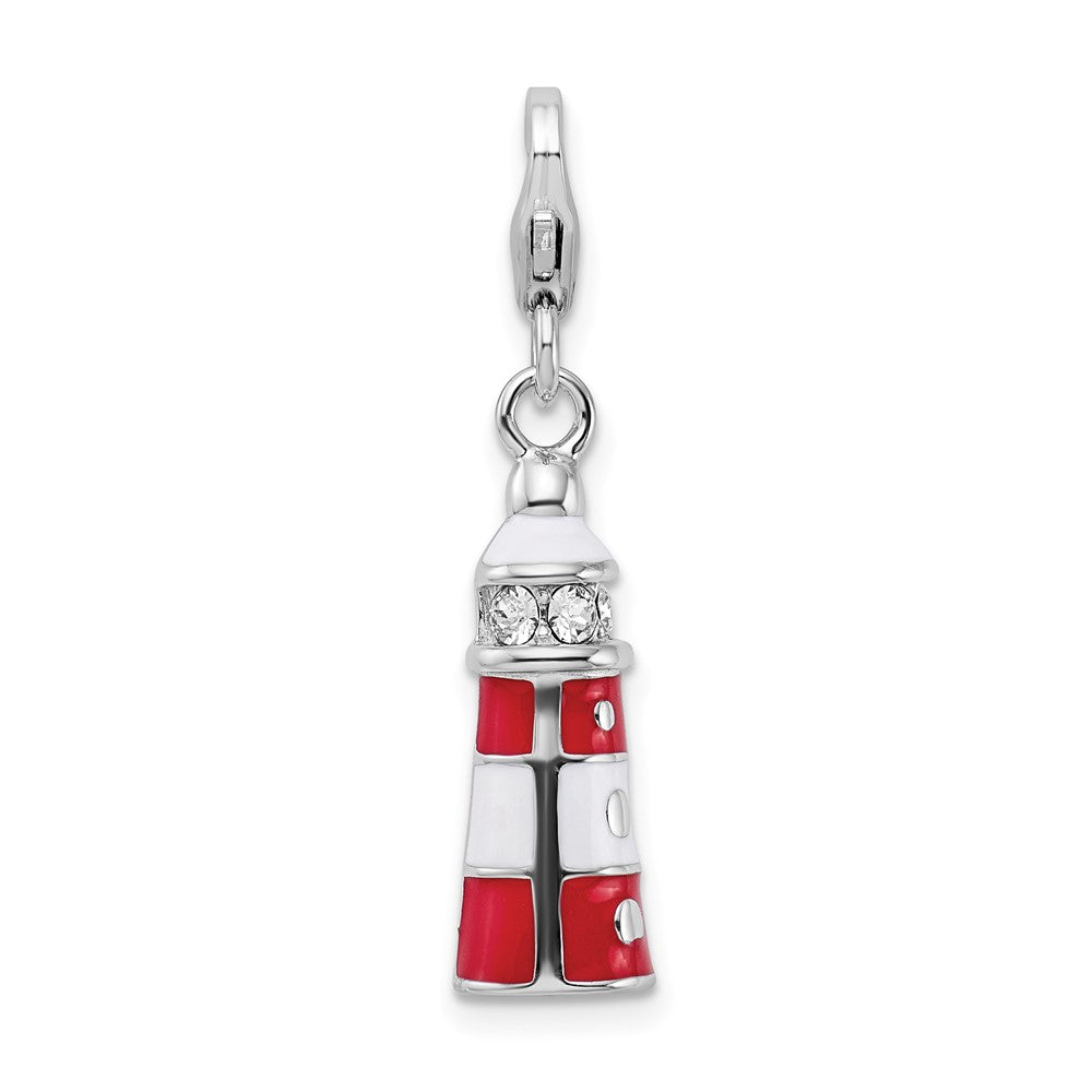 Sterling Silver Amore La Vita Rhodium-Plated Polished 3-D Red Enameled Swarovski Crystal Lighthouse Charm With Fancy Lobster Clasp