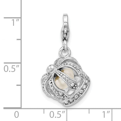 Sterling Silver Amore La Vita Rhodium-Plated Polished 3-D Crystal From Swarovski And Freshwater Cultured Pearl Crown Charm With Fancy Lobster Clasp