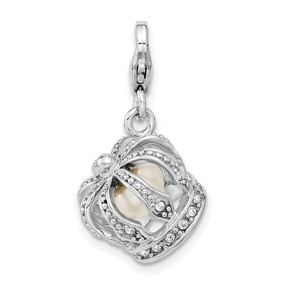Sterling Silver Amore La Vita Rhodium-Plated Polished 3-D Crystal From Swarovski And Freshwater Cultured Pearl Crown Charm With Fancy Lobster Clasp