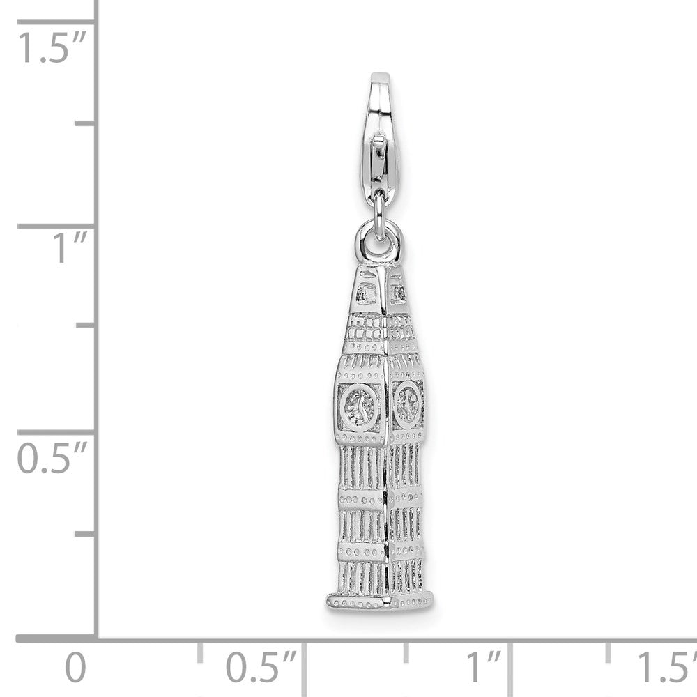 Sterling Silver Amore La Vita Rhodium-Plated Polished 3-D Clock Tower Charm With Fancy Lobster Clasp