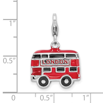 Sterling Silver Amore La Vita Rhodium-Plated Polished 3-D Enameled Double Decker London Bus Charm With Fancy Lobster Clasp
