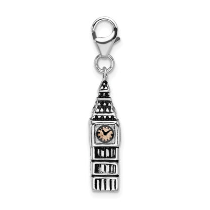 Sterling Silver Amore La Vita Rhodium-Plated Polished 3-D Antiqued Big Ben Charm With Fancy Lobster Clasp