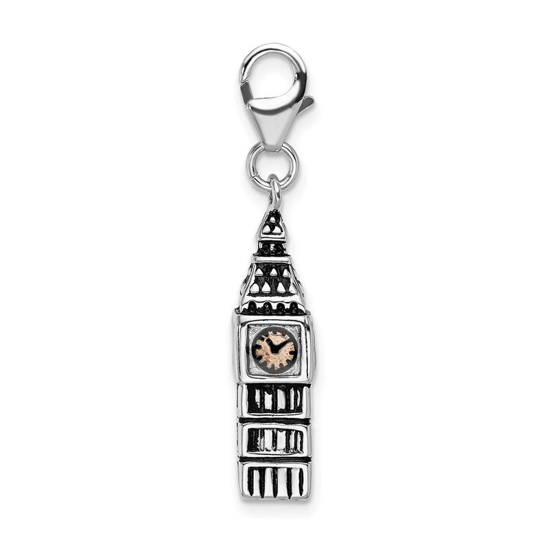 Sterling Silver Amore La Vita Rhodium-Plated Polished 3-D Antiqued Big Ben Charm With Fancy Lobster Clasp