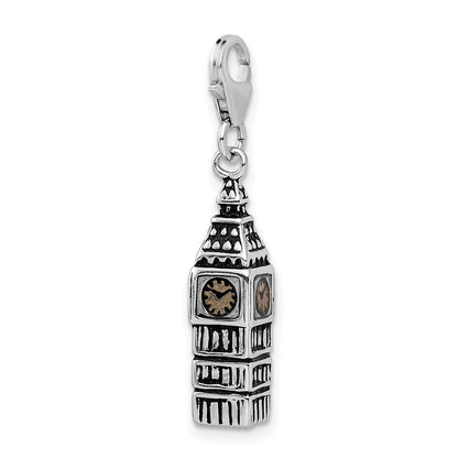 Sterling Silver Amore La Vita Rhodium-Plated Polished 3-D Antiqued Big Ben Charm With Fancy Lobster Clasp
