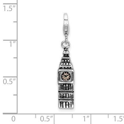 Sterling Silver Amore La Vita Rhodium-Plated Polished 3-D Antiqued Big Ben Charm With Fancy Lobster Clasp