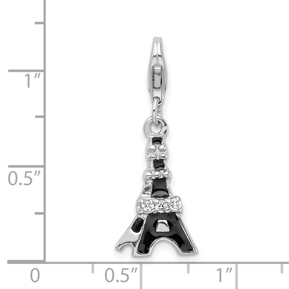 Sterling Silver Amore La Vita Rhodium-Plated Polished Black Enameled Cz Eiffel Tower Charm With Fancy Lobster Clasp