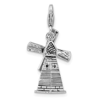 Sterling Silver Amore La Vita Rhodium-Plated Polished 3-D Moveable Windmill Charm With Fancy Lobster Clasp