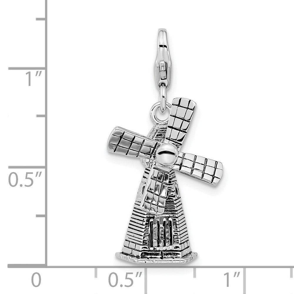 Sterling Silver Amore La Vita Rhodium-Plated Polished 3-D Moveable Windmill Charm With Fancy Lobster Clasp