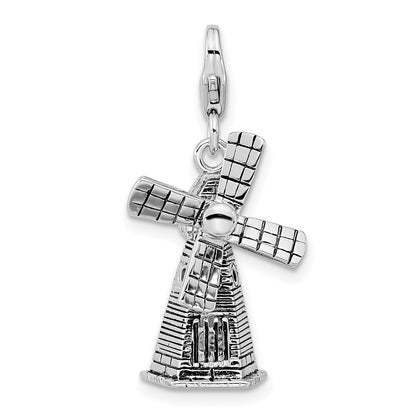 Sterling Silver Amore La Vita Rhodium-Plated Polished 3-D Moveable Windmill Charm With Fancy Lobster Clasp