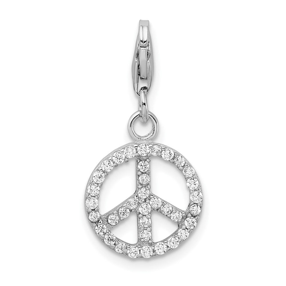 Sterling Silver Amore La Vita Rhodium-Plated Polished Cz Peace Sign Charm With Fancy Lobster Clasp