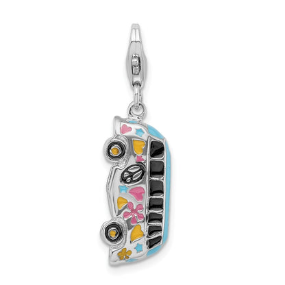 Sterling Silver Amore La Vita Rhodium-Plated Polished 3-D Enameled Hippie Bus Charm With Fancy Lobster Clasp