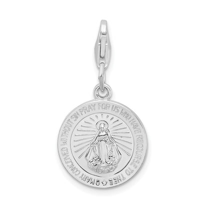 Sterling Silver Amore La Vita Rhodium-Plated Polished Miraculous Medal Charm With Fancy Lobster Clasp