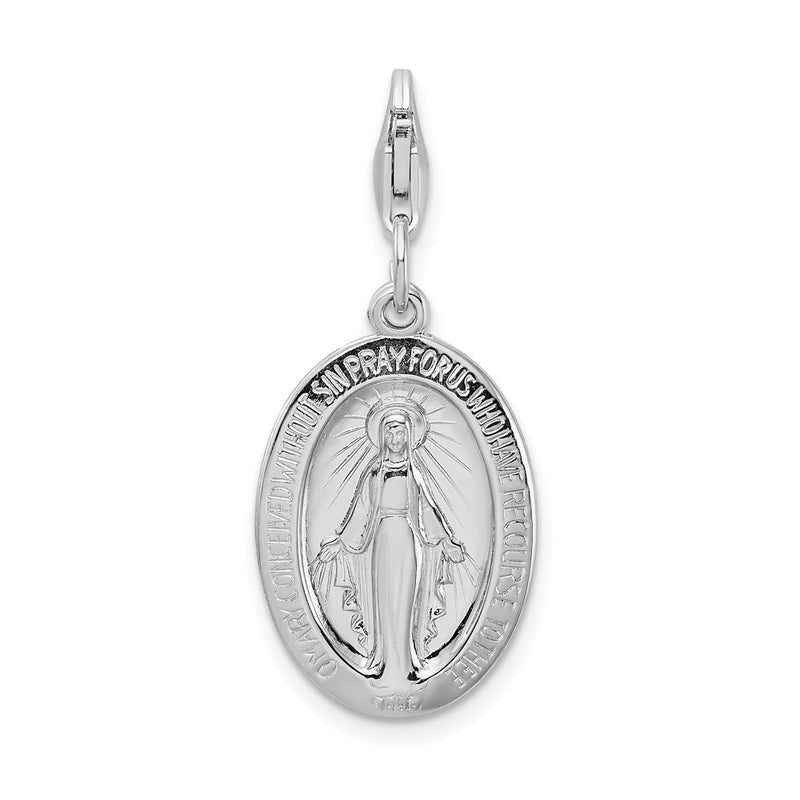 Sterling Silver Amore La Vita Rhodium-Plated Polished Miraculous Medal Charm With Fancy Lobster Clasp