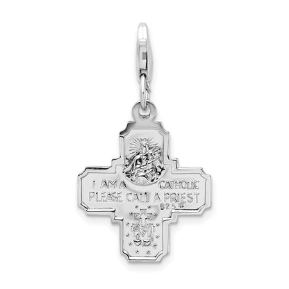 Sterling Silver Amore La Vita Rhodium-Plated Polished 4-Way Medal Charm With Fancy Lobster Clasp