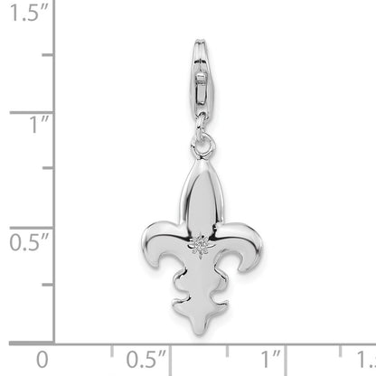 Sterling Silver Polished Cz Fleur De Lis W/ Lobster Clasp Charm