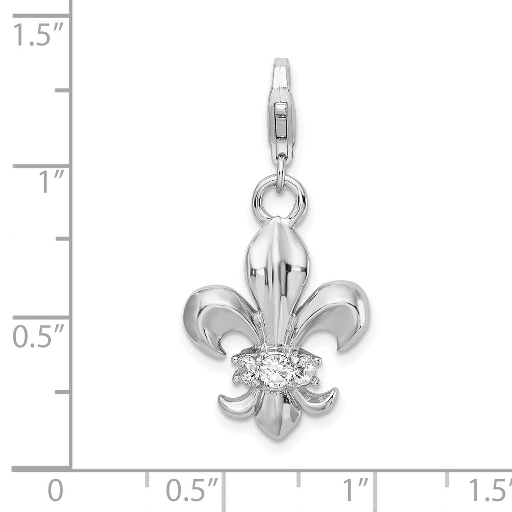 Sterling Silver Amore La Vita Rhodium-Plated Polished Cz Fleur De Lis Charm With Fancy Lobster Clasp
