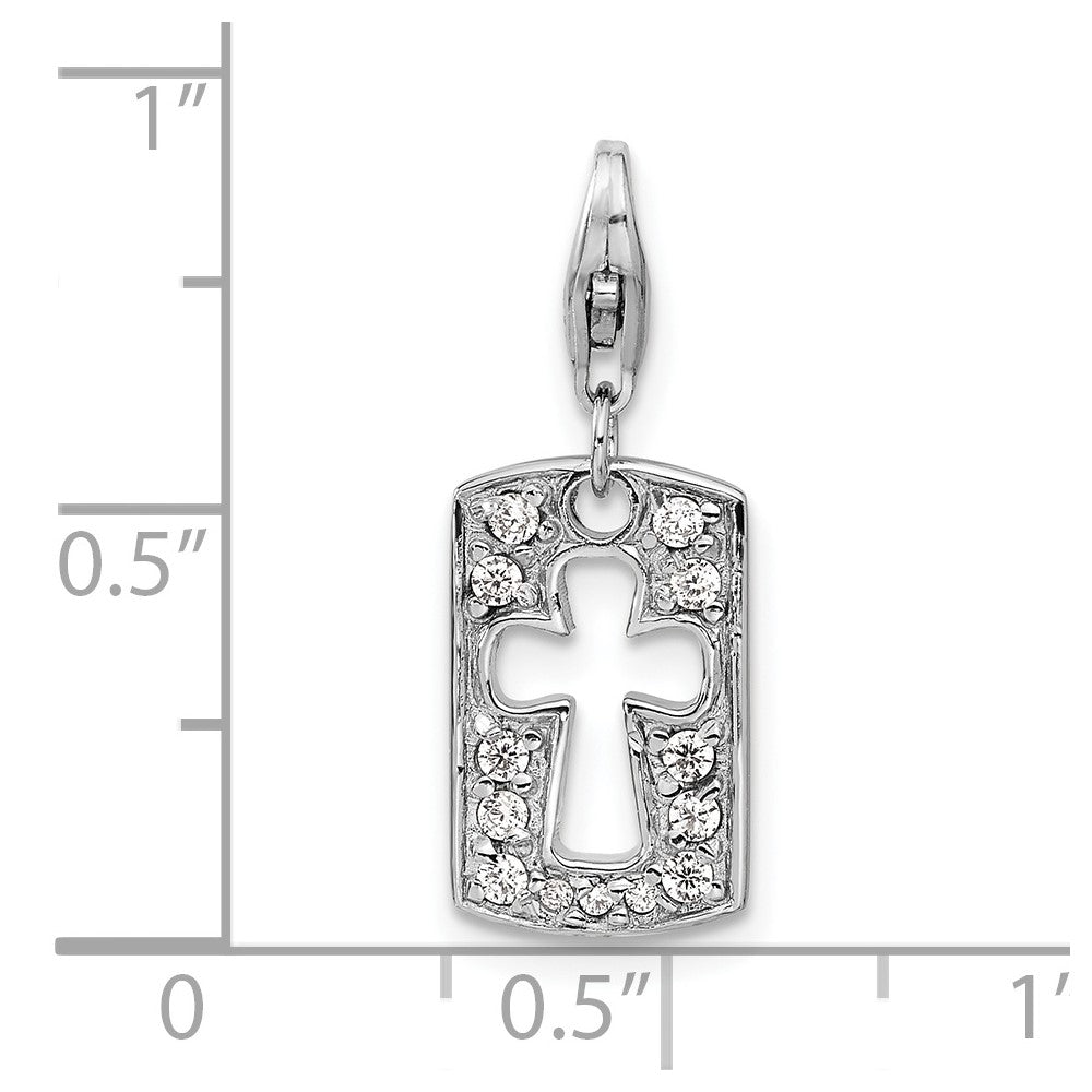Sterling Silver Amore La Vita Rhodium-Plated Polished Reversible Cz Cut-Out Cross Faith Clip-On Charm With Fancy Lobster Clasp