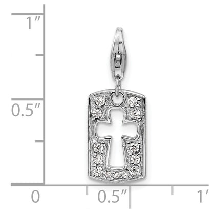 Sterling Silver Amore La Vita Rhodium-Plated Polished Reversible Cz Cut-Out Cross Faith Clip-On Charm With Fancy Lobster Clasp