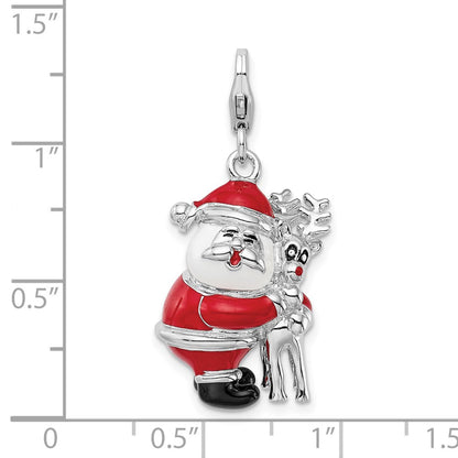 Sterling Silver Amore La Vita Rhodium-Plated Polished 3-D Enameled Santa And Reindeer Charm With Fancy Lobster Clasp