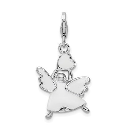 Sterling Silver Amore La Vita Rhodium-Plated Polished 3-D White Enameled Crystal From Swarovski Angel Charm With Fancy Lobster Clasp