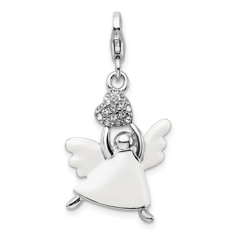 Sterling Silver Amore La Vita Rhodium-Plated Polished 3-D White Enameled Crystal From Swarovski Angel Charm With Fancy Lobster Clasp