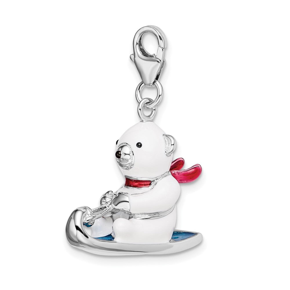 Sterling Silver Amore La Vita Rhodium-Plated Polished 3-D Enameled Polar Bear On Sled Charm With Fancy Lobster Clasp
