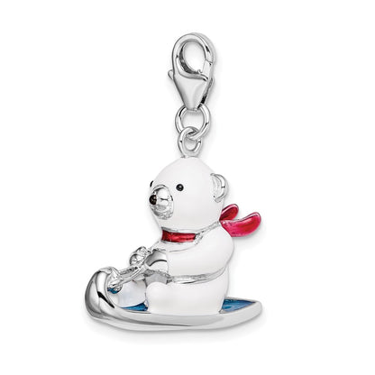 Sterling Silver Amore La Vita Rhodium-Plated Polished 3-D Enameled Polar Bear On Sled Charm With Fancy Lobster Clasp